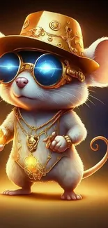 Cartoon mouse with sunglasses and gold jewelry on a dark background.