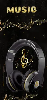 Black headphones with golden notes on a black background.