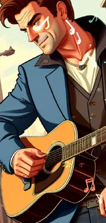 Stylish musician with guitar in a cityscape artwork.