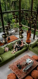 Nature-inspired living room with green sofas and a rustic coffee table.