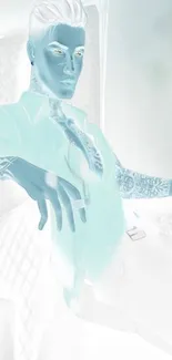 Negative effect portrait with tattoos in ice blue hues.