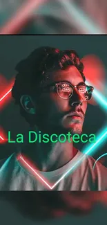 Stylish man with neon lights and text 'La Discoteca' on a dark background.