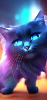 Neon cat with glowing blue eyes in a colorful background.