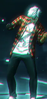 Stylish character in neon dance pose with red plaid shirt, energetic vibe.