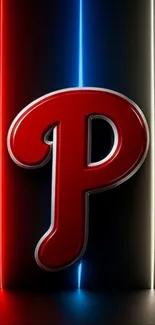 Neon red letter P on a dark background.