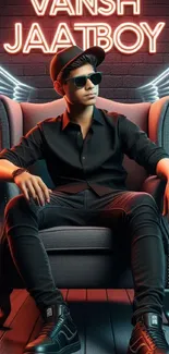 Young man in black with neon wings seated on a stylish chair.