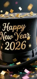 Festive New Year 2026 wallpaper with black hat and confetti.