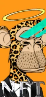 Leopard print NFT ape with halo and laser eyes on orange background.