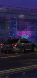 Sleek car in a neon-lit cityscape at night.