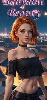 Animated girl in cityscape with night lights.