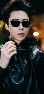 Person in black leather jacket with sunglasses at night.