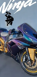 Purple and gold Ninja motorcycle on display.