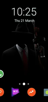 Noir-themed wallpaper with shadowy suited figure.