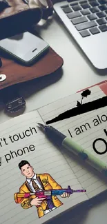 Notebook-themed wallpaper with humor for phone personalization.