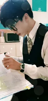 Man in stylish office setting with documents.