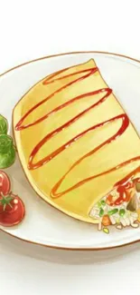 Artistic omelette with ketchup illustration for mobile wallpaper.