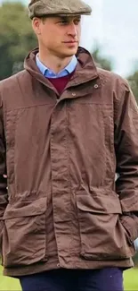 Man in brown jacket outdoors with nature background.