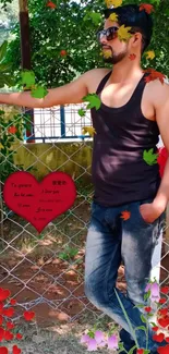 Man in black tank top outdoors with colorful heart decorations.