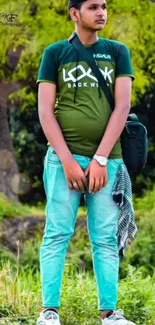 Young individual in trendy attire amidst lush green nature.