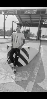 Black and white wallpaper of a young man posing outdoors stylishly.