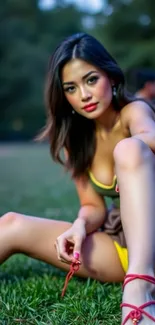 Stylish outdoor portrait on green grass
