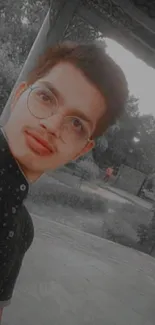 Outdoor portrait of a young man with glasses in a park setting.