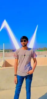 Stylish person under a vibrant blue sky with artistic light effects.