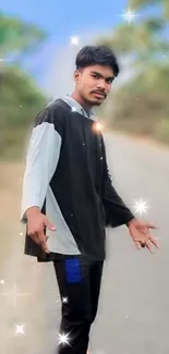 Stylish man posing outdoors with sparkles and blurred background.