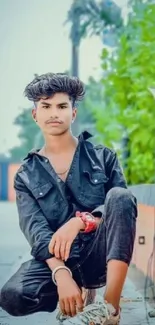 Young man posing outdoors in stylish attire.