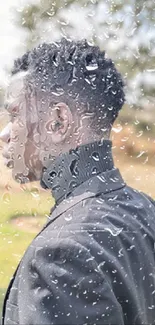 Stylish young man in black jacket in a serene outdoor setting.