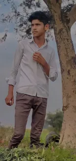 Young man in a white shirt standing outdoors by a tree.