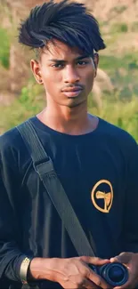 Young man holding a camera lens outdoors.