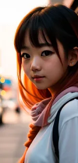 Stylish portrait of a young woman with red hair in an urban setting.