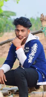 Young man in blue jacket outdoors, posing stylishly.