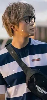 Person in striped shirt outdoors near water.