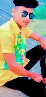 Young man in sunglasses and colorful shirt sitting outdoors.