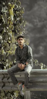 Stylish portrait of a man seated outdoors on a metal railing.