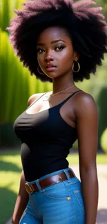 Stylish woman with natural hair in outdoor setting.