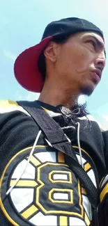 Person in sports jersey with a vibrant sky backdrop.