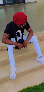 Trendy individual with a red beret sitting on stairs outdoors.