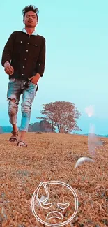 Young man walking in a scenic field with blue sky background.