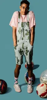 Person in cactus overalls on teal background with colorful balls.