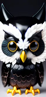 Stylish black and white cartoon owl with yellow accents.