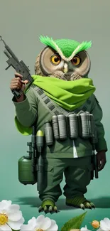 Quirky owl warrior with green military gear on a floral themed wallpaper.