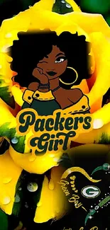 Bold Packers Girl illustration on bright yellow rose background.