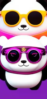 Adorable pandas with sunglasses on purple gradient background.