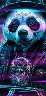 Panda in a neon jacket with vibrant purple tones.