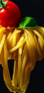 Fork with spaghetti, tomato, and basil on black background.