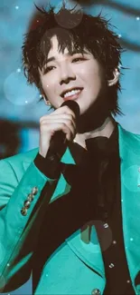 Performer in a teal suit holding a microphone on stage.