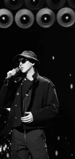 Monochrome image of stylish performer with microphone on dark stage.